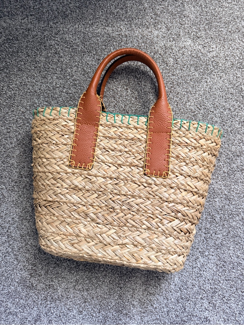 Universal Thread Natural Straw Tote with Brown Handles and Green Trim